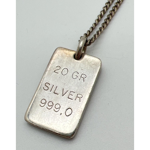 1082 - A 20g 999 silver ingot style pendant on a vintage silver 25