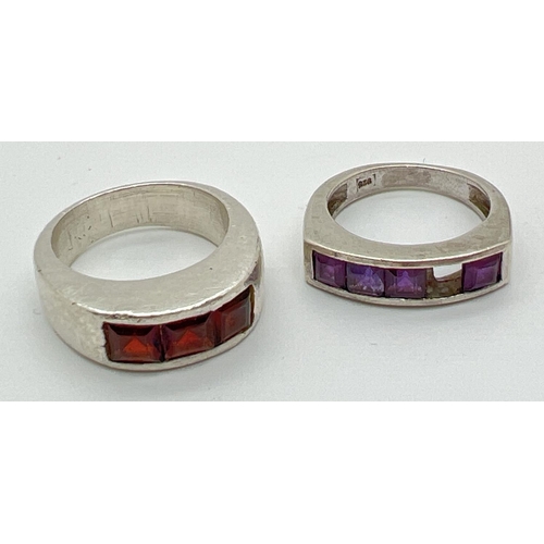 1096 - 2 modern design channel set band style dress rings. One set with 3 square cut garnets, the other set... 