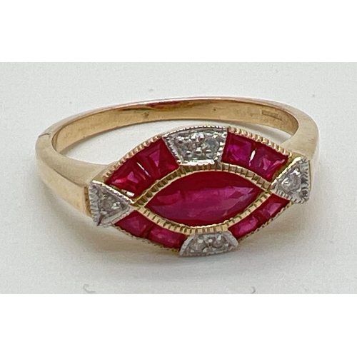 1099 - An Art Deco style ruby and diamond set dress ring by Luke Stockley, London. A marquise cut central r... 