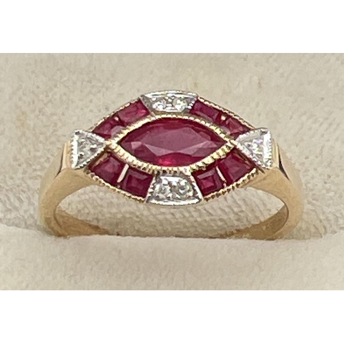 1099 - An Art Deco style ruby and diamond set dress ring by Luke Stockley, London. A marquise cut central r... 