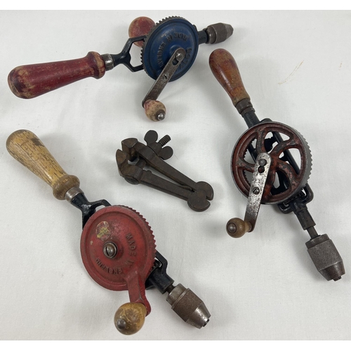 1345 - 3 vintage wooden handled hand drill together with a small vice. Drills include examples by Talco and... 