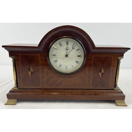 1208 - An early 20th century wooden cased mantel clock with a Swiss movement. In working order, with Roman ... 