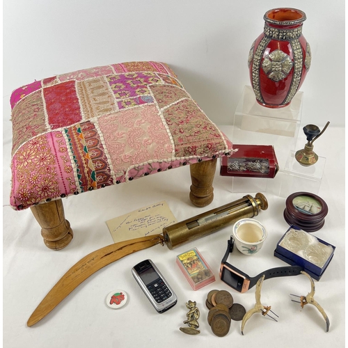 1297 - A small wooden stool upholstered with ethnic style material, together with a misc collection of item... 