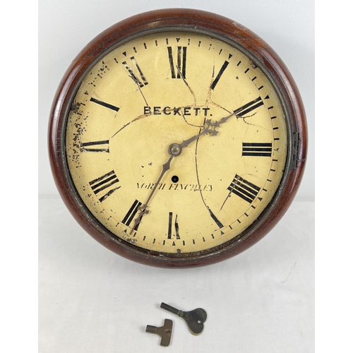 1210 - An antique wooden cased fusee wall hanging clock from Beckett's, North Finchley. With Roman Numeral ... 