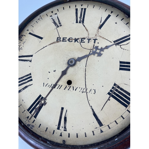 1210 - An antique wooden cased fusee wall hanging clock from Beckett's, North Finchley. With Roman Numeral ... 