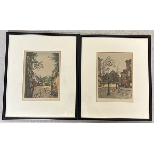 1341 - A pair of early 20th century Henri Tourneur coloured etchings of Paris street scenes. Signed in penc... 