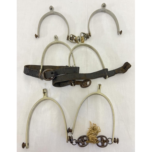 1258 - 3 pairs of vintage boot spurs, to include horse riding spurs with leather straps. One pair marked 