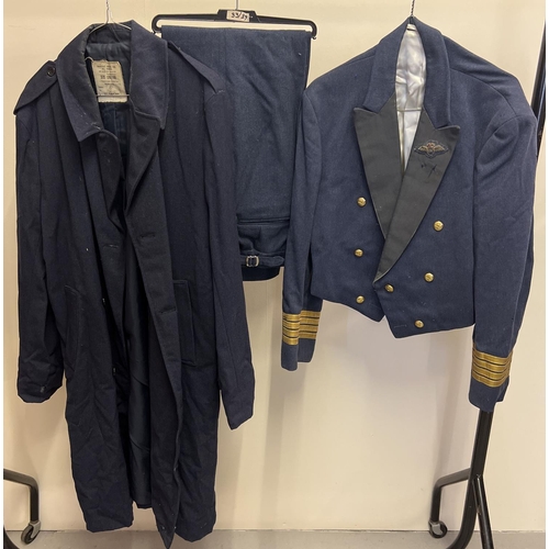 1263 - 3 vintage items of Royal Air Force uniform. A pair of trousers, a short dress coat with 4 bullion cu... 