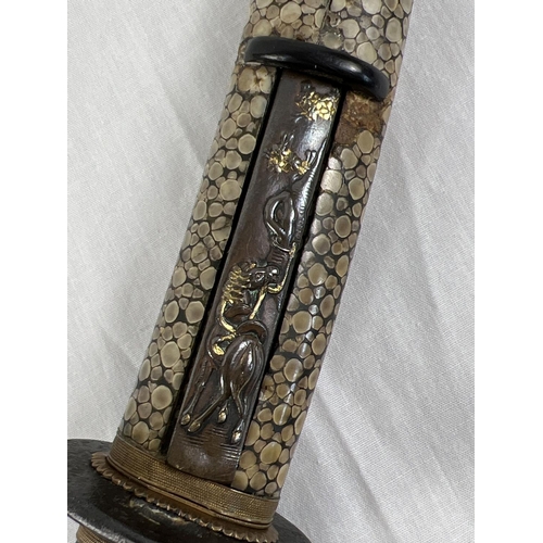 1257 - A Shinshinto Japanese Wakizashi sword with wooden  saya/scabbard covered in polished fish skin. Smal... 
