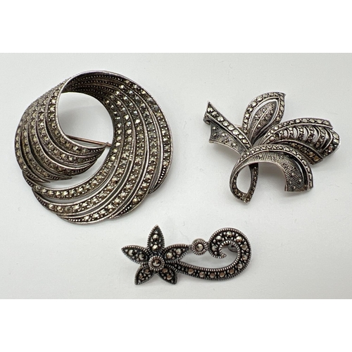 1014 - 3 vintage silver and marcasite set pin backed brooches. Small flower brooch stamped 925, Art Deco de... 