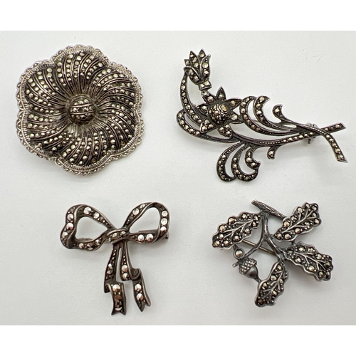 1020 - 4 vintage silver marcasite set pin backed brooches, all stamped to reverse.