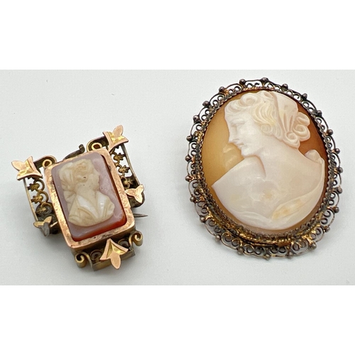 1026 - 2 antique cameo brooches. An oval cameo in a pierced work mount with safety chain, marked 830 to bac... 