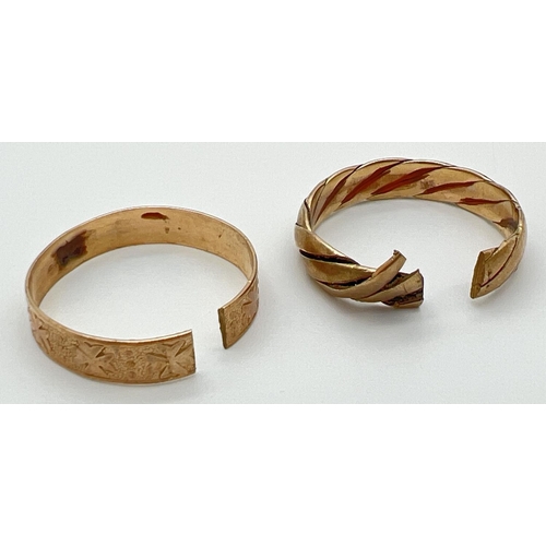 1047 - 2 9ct scrap gold, band style rings, both have been cut through. Gold marks to inside of both. Total ... 