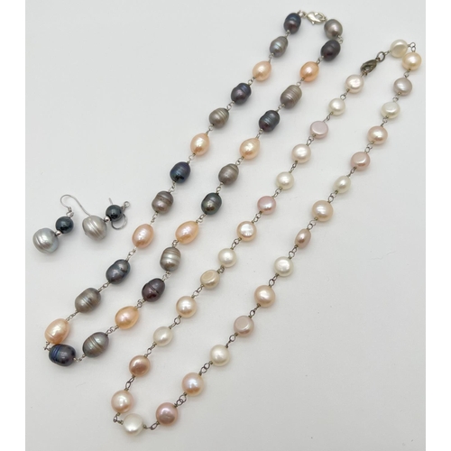 1049 - 2 freshwater coloured pearl necklaces together with a pair of drop style pearl earrings. One necklac... 