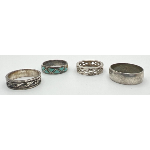 1050 - 4 silver band style rings. Varying designs to include wave decoration, pierced work and turquoise se... 