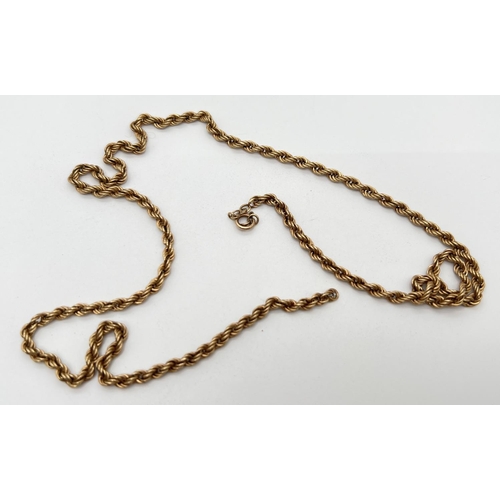 1075 - A 9ct gold 20 inch rope chain necklace for scrap or repair. Hallmarked to clasp and fixings. Total w... 