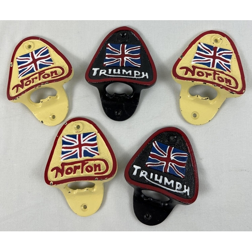 1322 - 5 cast metal wall hanging bottle openers with painted Norton and Triumph motorcycles logos.