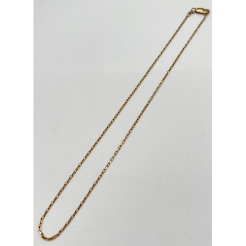 1081 - A 9ct gold 16 inch fine belcher chain necklace with lobster style clasp. Gold marks to clasp and fix... 