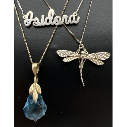 1092 - 3 silver necklaces. A dragonfly pendant on an 18