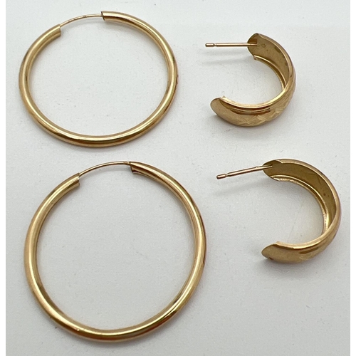 1096 - 2 pairs of gold hoop style earrings. A plain pair of full hoops together with a pair of half hoops w... 