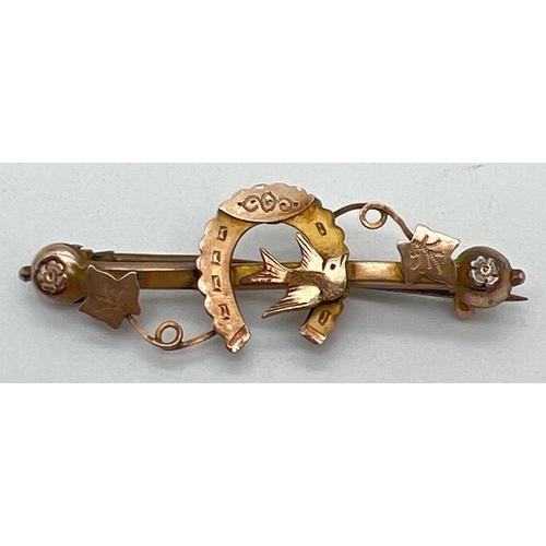 1098 - A vintage 9ct gold sweetheart brooch with horseshoe, bird and ivy detail. Total weight approx 2g. Le... 