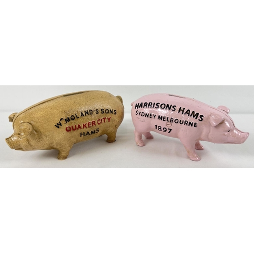 1229 - 2 painted cast iron advertising piggy banks for Harrisons Hams and W. Moland's Sons Hams. Approx. 20... 