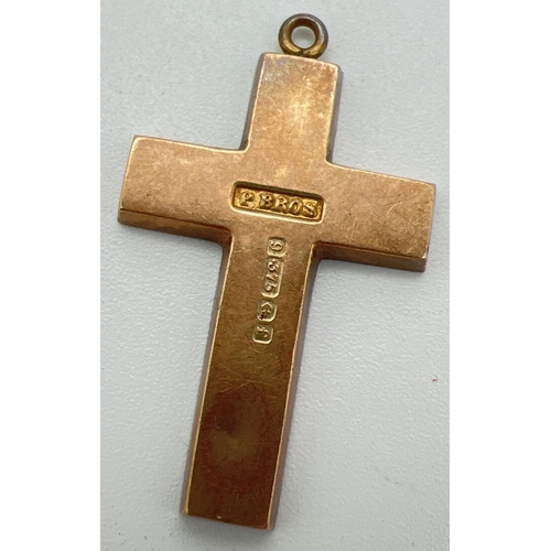 1102 - A vintage 9ct gold cross pendant with floral engraved decoration to front and empty cartouche. Full ... 