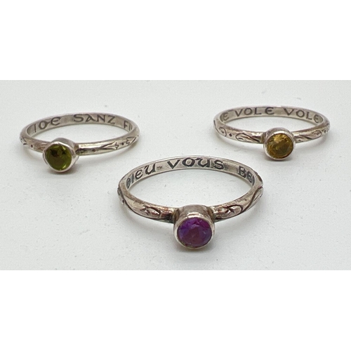 1103 - 3 silver stacking rings with engraved detail to outside of band and each set with a single gemstone ... 