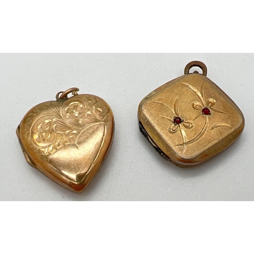 1104 - 2 vintage lockets. A square shaped gold plated locket with floral decoration and 2 small garnets, to... 