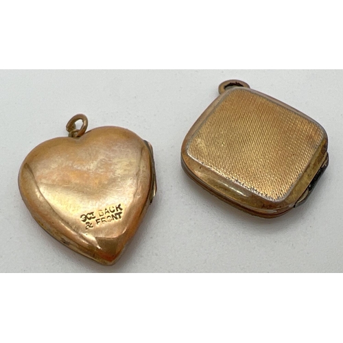 1104 - 2 vintage lockets. A square shaped gold plated locket with floral decoration and 2 small garnets, to... 