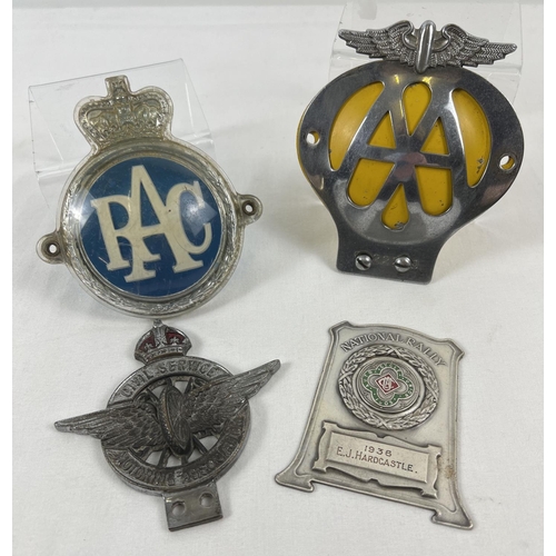 1324 - 4 vintage car badges. A Collins, London Civil Service Motoring Association badge with red enamelled ... 