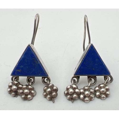 1108 - A pair of triangular shaped drop modern design earrings set with lapis lazuli. Backs marked 925. App... 