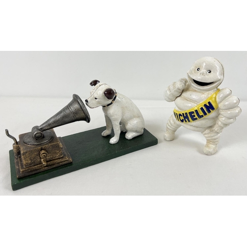 1234 - 2 painted cast iron figures, a HMV dog & gramophone together with a Michelin man figure/money bank. ... 