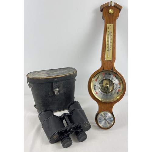 1304 - A vintage Fischer barometer together with a pair of cased Mark Scheffel binoculars. A dark wood fram... 