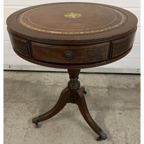 1390 - A vintage dark wood drum topped occasional table with tan coloured leather insert to top. Gilt detai... 