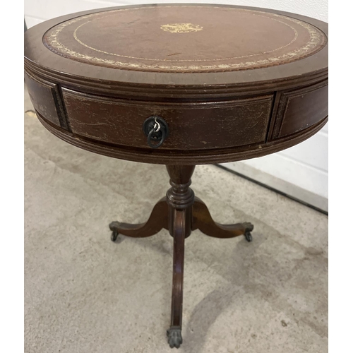 1390 - A vintage dark wood drum topped occasional table with tan coloured leather insert to top. Gilt detai... 