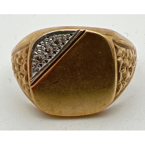 1120 - A men's 9ct gold signet ring set with 3 small round cut diamonds to one corner. Floral design to bot... 