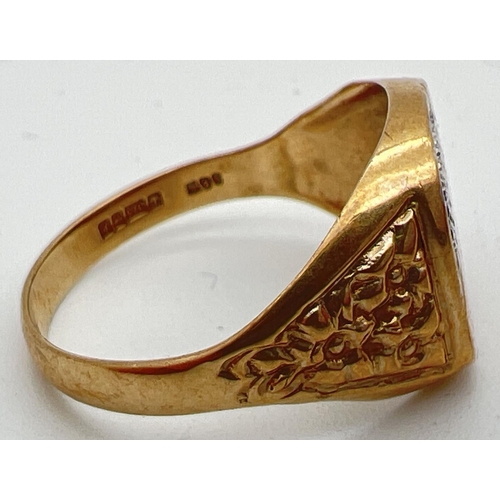 1120 - A men's 9ct gold signet ring set with 3 small round cut diamonds to one corner. Floral design to bot... 