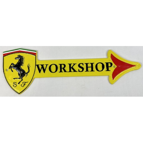 1326 - A wall mountable painted cast iron garage workshop arrow with Ferrari logo. Painted in yellow, black... 