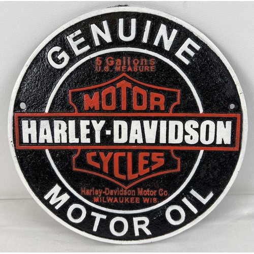 1330 - A Harley Davidson Motor Oil circular shaped painted cast iron wall plaque. In black, white and red a... 