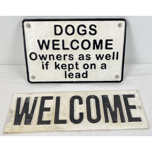 1239 - 2 black & white painted cast iron Welcome wall plaques with holes for fixing. Dog sign approx. 12.5c... 