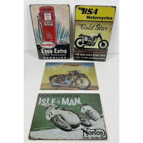 1334 - 4 automobile related tin advertising signs, as new in sealed packaging. Comprising: Triumph & BSA Mo... 