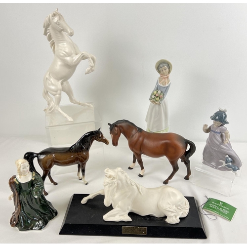 1270 - A collection of assorted ceramic horse and lady figurines, mostly a/f. 4 Royal Doulton & Beswick hor... 