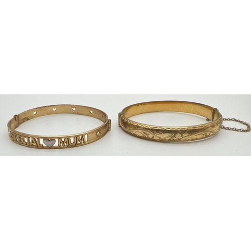 1147 - 2 rolled gold bangles. A half floral engraved bangle with push clasp and safety chain marked 9ct rol... 