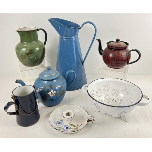 1250 - A collection of vintage enamelled metal ware. To include geometric pattern teapot, floral painted ca... 