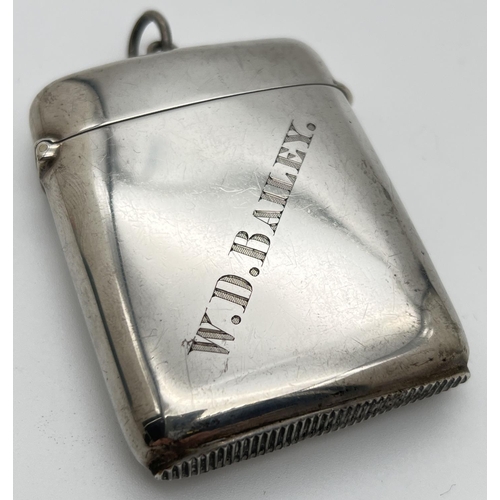 1210 - A large sized Edwardian silver vesta case with hinged lid and engraved name to front. Fully hallmark... 