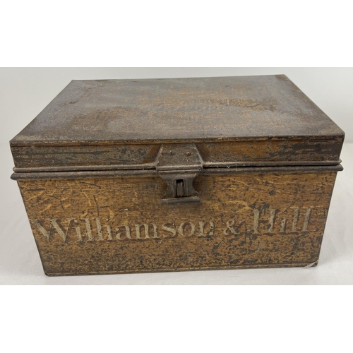 1251 - A brown painted deed/documents box with ring carry handles with floral mounts. Williamson & Hill nam... 