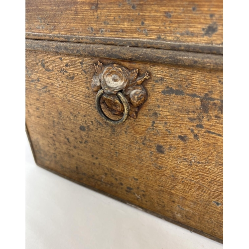 1251 - A brown painted deed/documents box with ring carry handles with floral mounts. Williamson & Hill nam... 