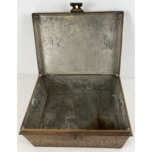 1251 - A brown painted deed/documents box with ring carry handles with floral mounts. Williamson & Hill nam... 