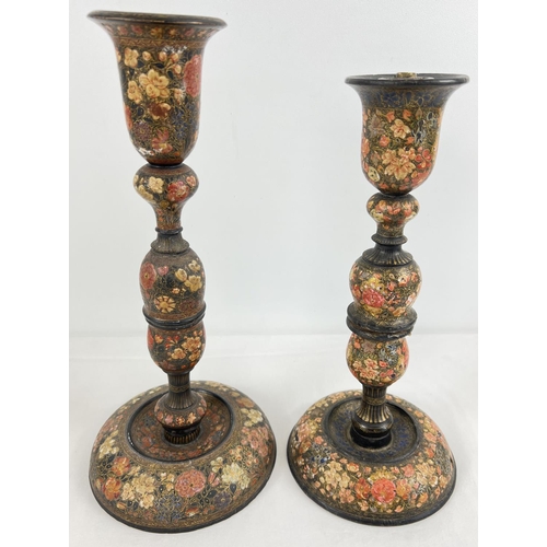 1350 - An early 20th Century turned wooden Kashmiri candlestick holder and table lamp stand in the style of... 